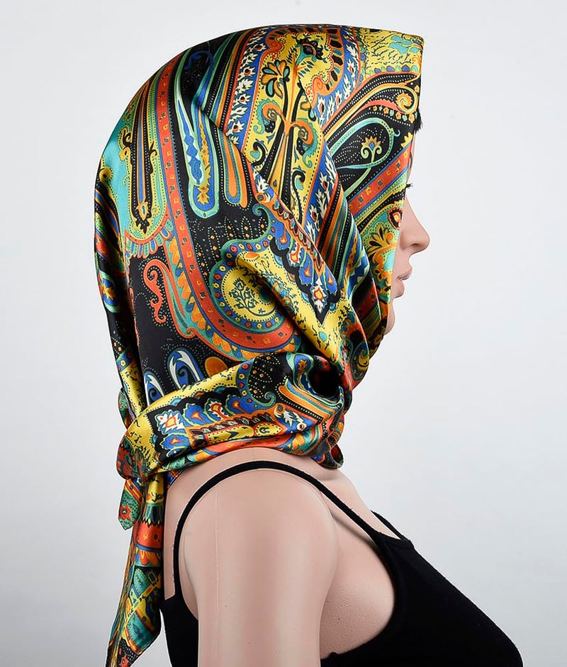 corciova 35 Large Women Satin Square Silk Like Hair Scarf Wrap Headscarf Golden Totems Curly Headband Tie Fashion Bandana - Image 3