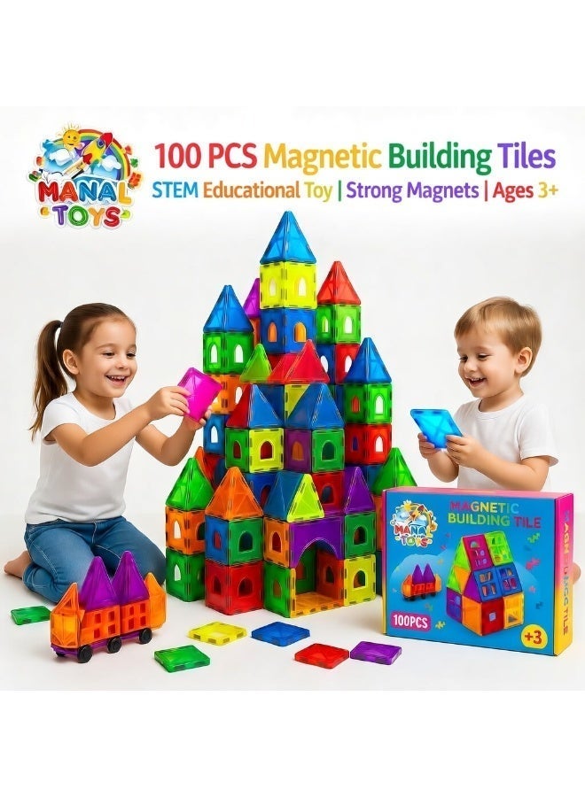 MANAL TOYS Magnetic Tiles 100 PCS Set for Kids | STEM Learning Building Blocks | Strong Magnets | Educational Toy Ages 3+ Boys & Girls | With Gift Bag - Image 1