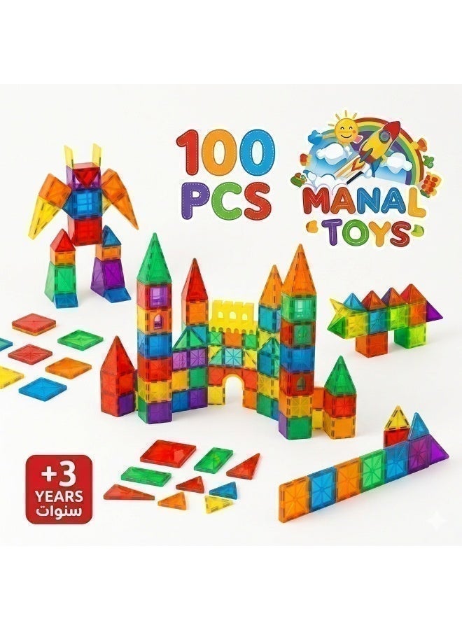 MANAL TOYS Magnetic Tiles 100 PCS Set for Kids | STEM Learning Building Blocks | Strong Magnets | Educational Toy Ages 3+ Boys & Girls | With Gift Bag - Image 4