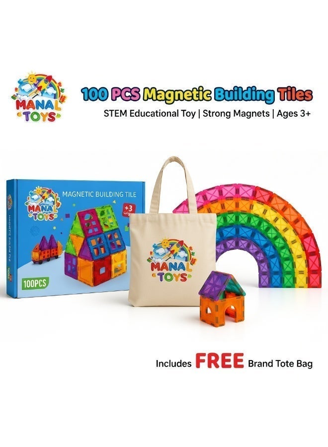 MANAL TOYS Magnetic Tiles 100 PCS Set for Kids | STEM Learning Building Blocks | Strong Magnets | Educational Toy Ages 3+ Boys & Girls | With Gift Bag - Image 2