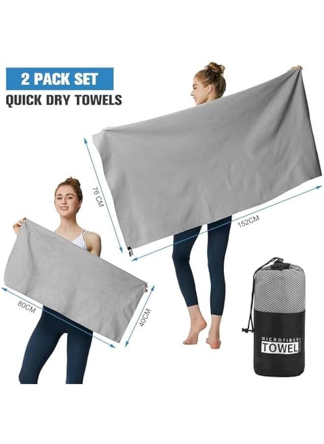 MIXDE - 2 Pack Quick Drying Towel, Gym Towel Swimming Towel for Men Women Microfiber Travel Towel Fast Dry for Beach Gym Backpacking Sports Yoga Swim Use, Navy Blue, 40 x 80CM and 76 x 152CM (Light Gray) - Image 1