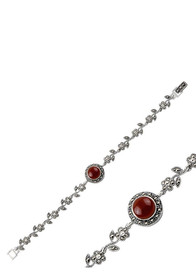 EMNON - 925-Silver-Marcasite & Circle Red Agate Bracelet-High-Quality Jewelry in UAE Dubai 100% Precious Metal Gift for Women-EMNON85BR-B98609 - Image 1