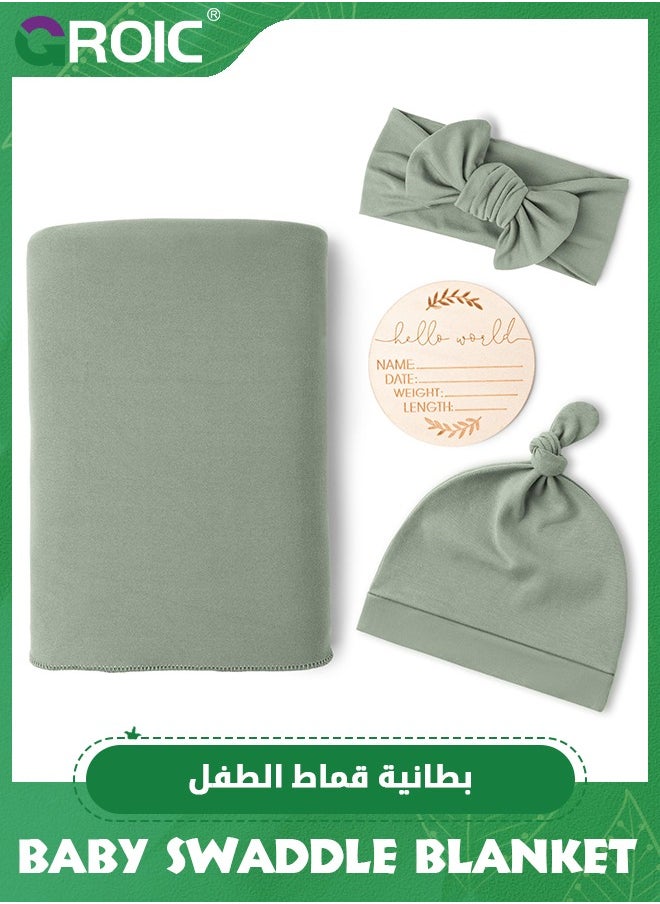 GROIC Baby Swaddle Blanket and Headband Set,Newborn Receiving Blanket with Matching Headband and Beanie Set Baby Swaddle Nursery Swaddle Wrap  - Image 1