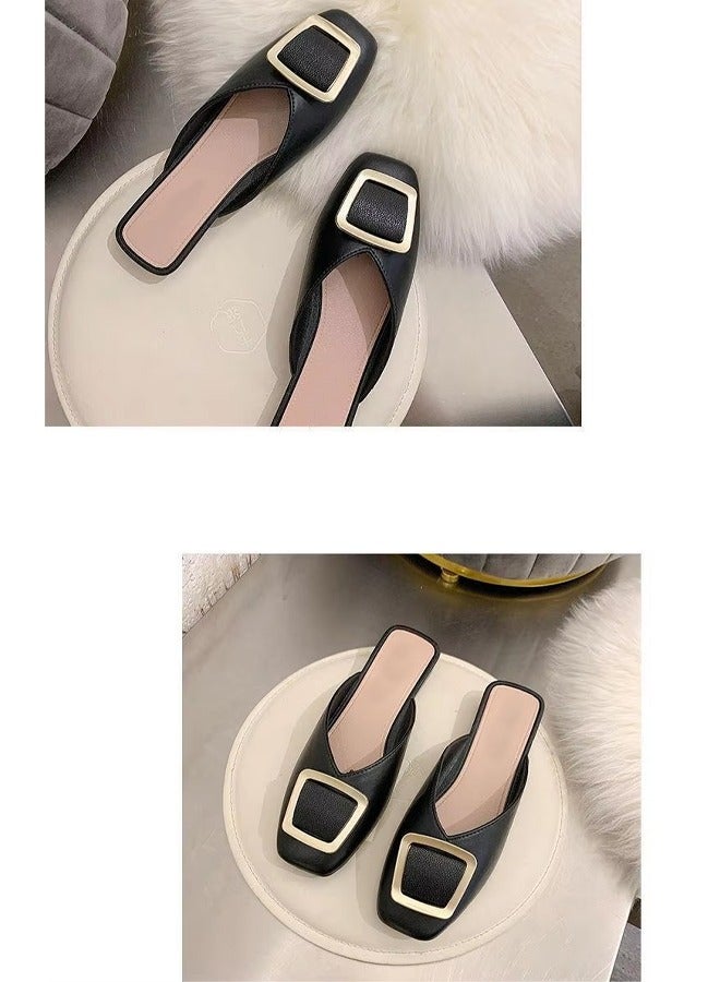 ZCM-HAPPY Ladies Fashion Square Buckle Baotou Slippers Outdoor or Indoor Flat Slipper Sandals - Image 3