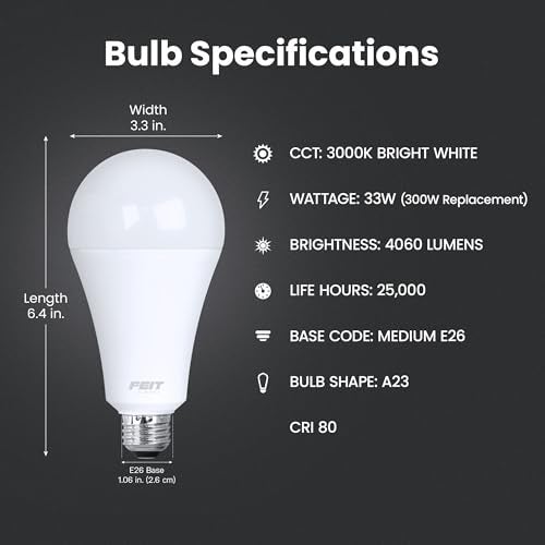 Feit Electric A23 LED Light Bulb, 300W Equivalent, Non-Dimmable, 4060 Lumens, E26 Standard Base, 3000k Bright White, High Output LED Bulb, Damp Rated, 22 Year Lifetime, OM300/830/LED - Image 2
