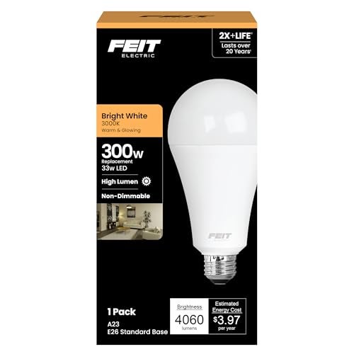 Feit Electric A23 LED Light Bulb, 300W Equivalent, Non-Dimmable, 4060 Lumens, E26 Standard Base, 3000k Bright White, High Output LED Bulb, Damp Rated, 22 Year Lifetime, OM300/830/LED - Image 1