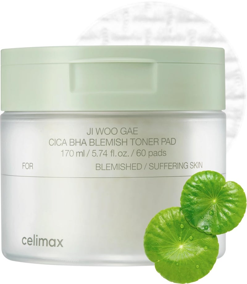 celimax celimax JiWooGae Cica BHA Blemish Toner Pad  Hydrating  Moisturizing Exfoliating Pads for Oily Combination Skin for Soothing Depuffing Repairing Astringent Pads 60 Pads 