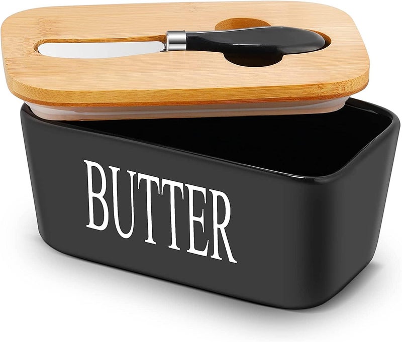 Botist Butter Dish with Lid and Knife Ceramic Butter Dish with Double Silicone Seals Butter Box Butter Container Perfect for East West Coast Butter Black - Image 1