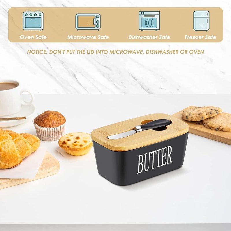Botist Butter Dish with Lid and Knife Ceramic Butter Dish with Double Silicone Seals Butter Box Butter Container Perfect for East West Coast Butter Black - Image 5