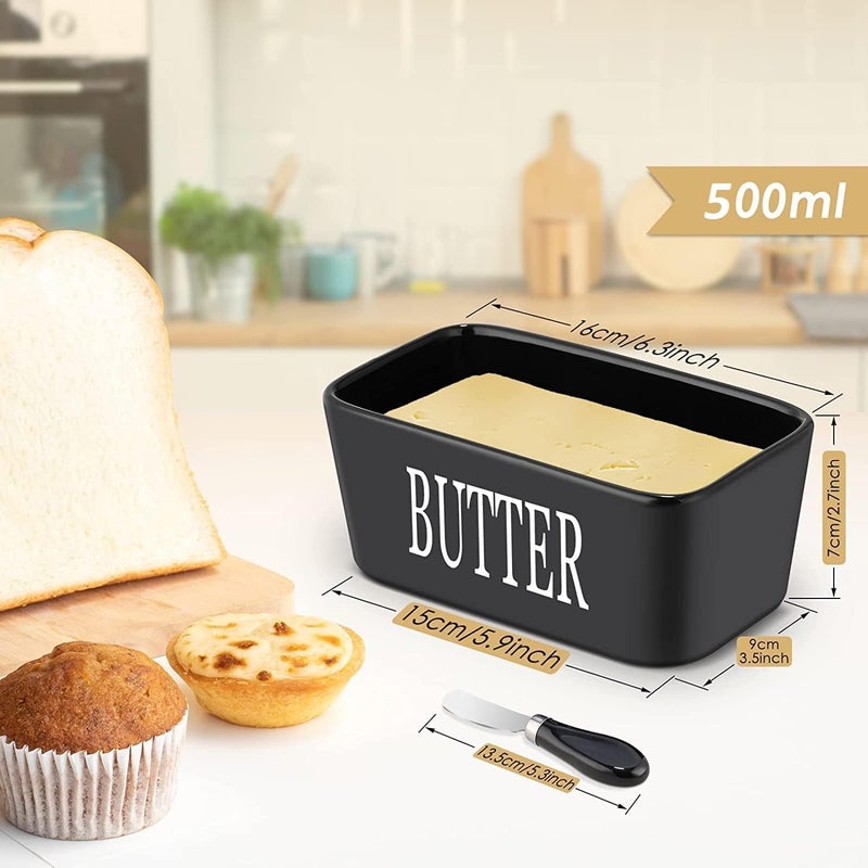 Botist Butter Dish with Lid and Knife Ceramic Butter Dish with Double Silicone Seals Butter Box Butter Container Perfect for East West Coast Butter Black - Image 2