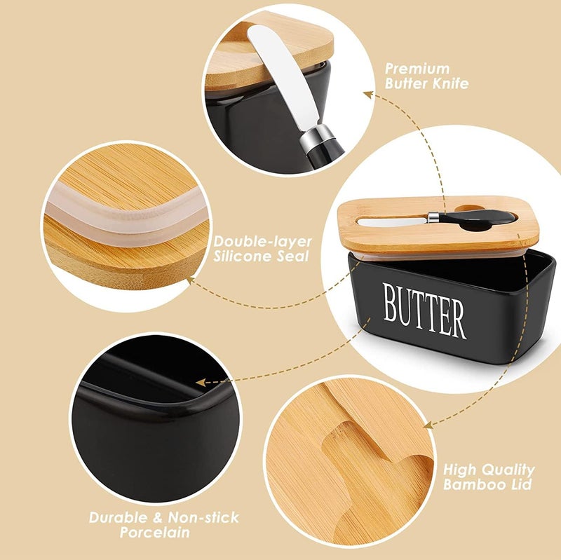 Botist Butter Dish with Lid and Knife Ceramic Butter Dish with Double Silicone Seals Butter Box Butter Container Perfect for East West Coast Butter Black - Image 3