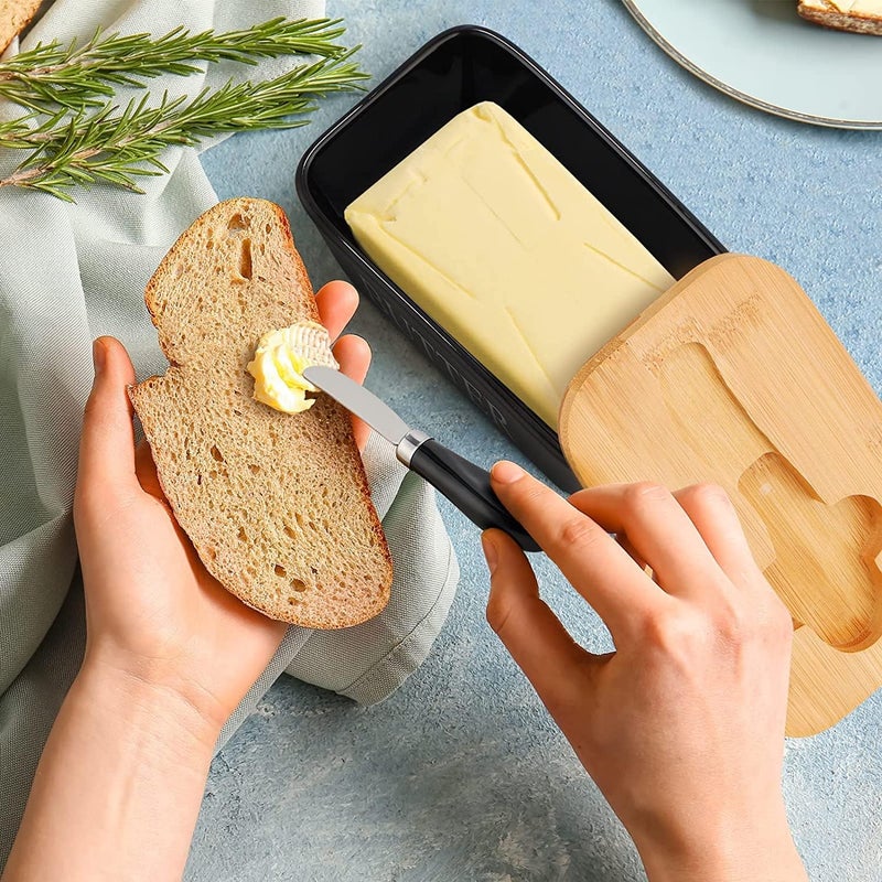 Botist Butter Dish with Lid and Knife Ceramic Butter Dish with Double Silicone Seals Butter Box Butter Container Perfect for East West Coast Butter Black - Image 4