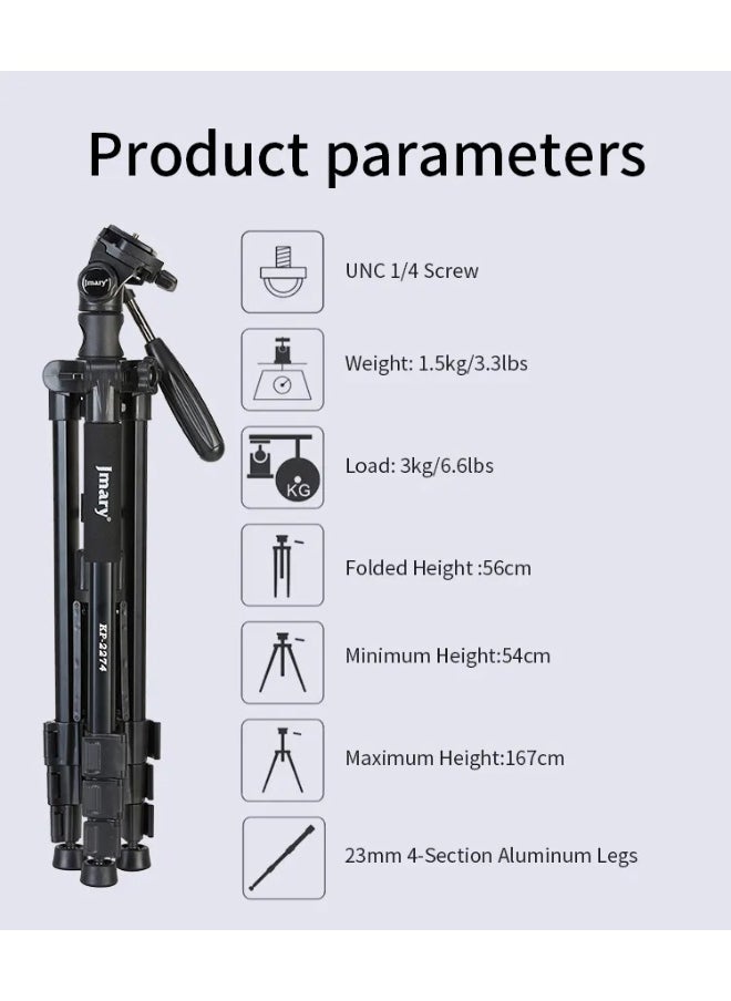 Professional Versatile Tripod KP-2274 , High-quality camera stand with height up to 176.5 cm, 360° rotation, convertible to monopod design, stable tripod base to hold up to 4 kg , Ideal for photography, videography, landscape, portraiture, and professional content , ​​Lightweight and portable