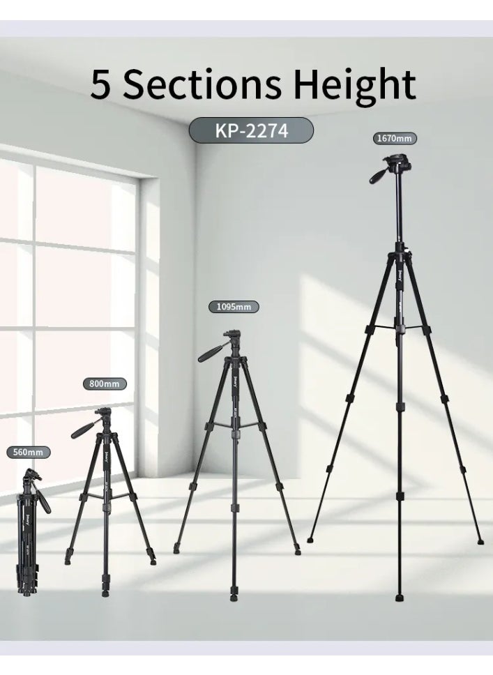 Professional Versatile Tripod KP-2274 , High-quality camera stand with height up to 176.5 cm, 360° rotation, convertible to monopod design, stable tripod base to hold up to 4 kg , Ideal for photography, videography, landscape, portraiture, and professional content , ​​Lightweight and portable