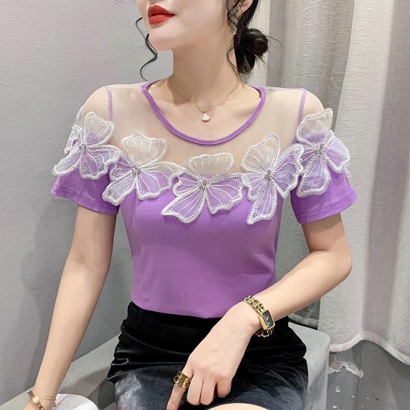 Real shot 2023 Summer new fashion all-match design sense mesh stitching lace diamond flower short sleeve t-shirt women - Image 1