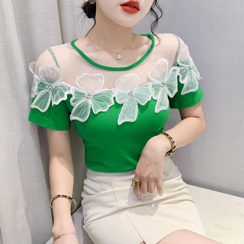 Real shot 2023 Summer new fashion all-match design sense mesh stitching lace diamond flower short sleeve t-shirt women - Image 3