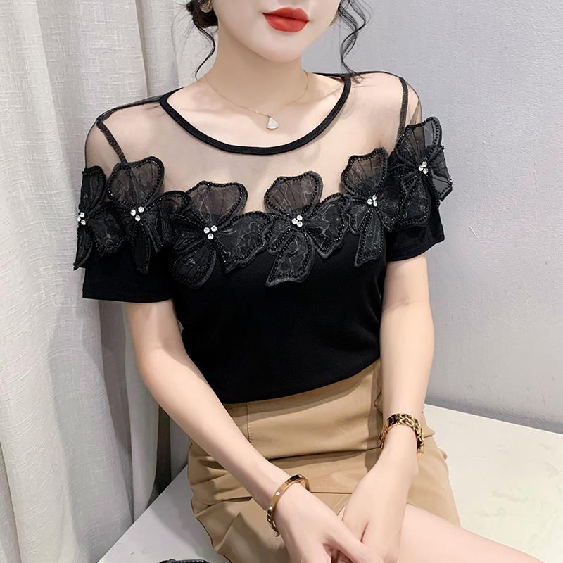 Real shot 2023 Summer new fashion all-match design sense mesh stitching lace diamond flower short sleeve t-shirt women - Image 4
