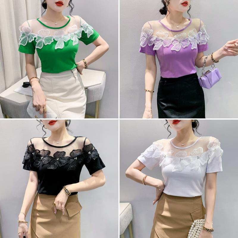 Real shot 2023 Summer new fashion all-match design sense mesh stitching lace diamond flower short sleeve t-shirt women - Image 5