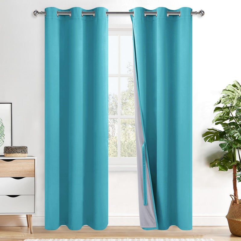XWZO Complete Blackout Shades Window Curtain Panels with Tiebacks- Noise Reduction and Light Blocking Grommet Curtains with Black Liner for Studio  Basement Room  Turquoise  W42 x L84  Set of 2 - Image 1
