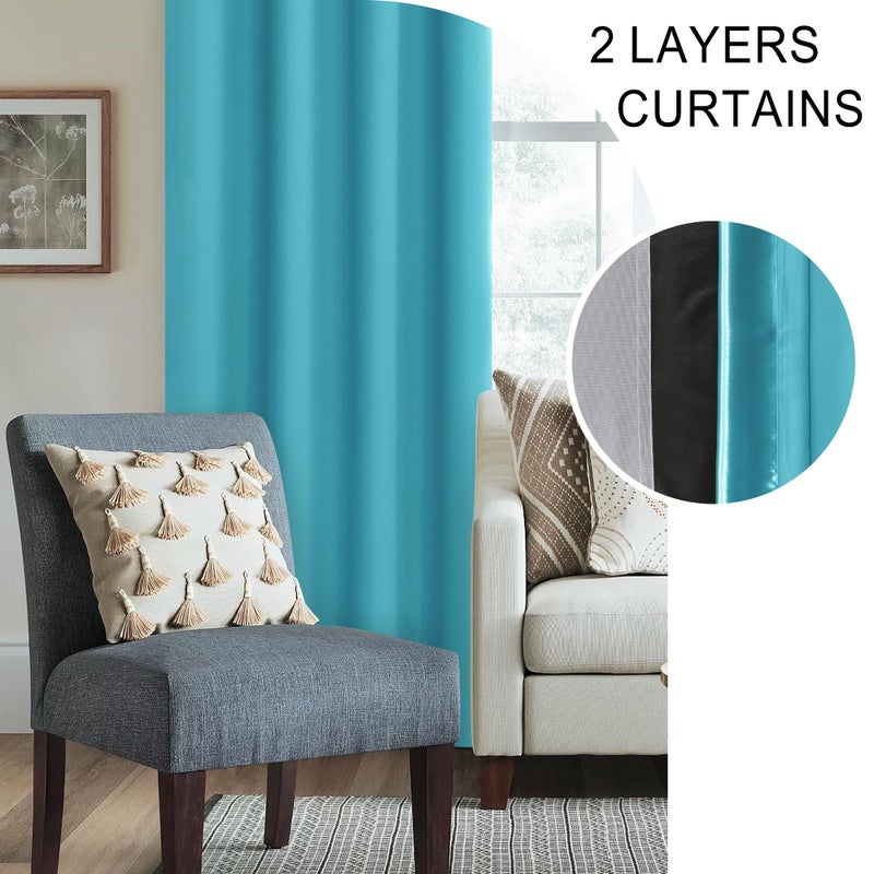 XWZO Complete Blackout Shades Window Curtain Panels with Tiebacks- Noise Reduction and Light Blocking Grommet Curtains with Black Liner for Studio  Basement Room  Turquoise  W42 x L84  Set of 2 - Image 5