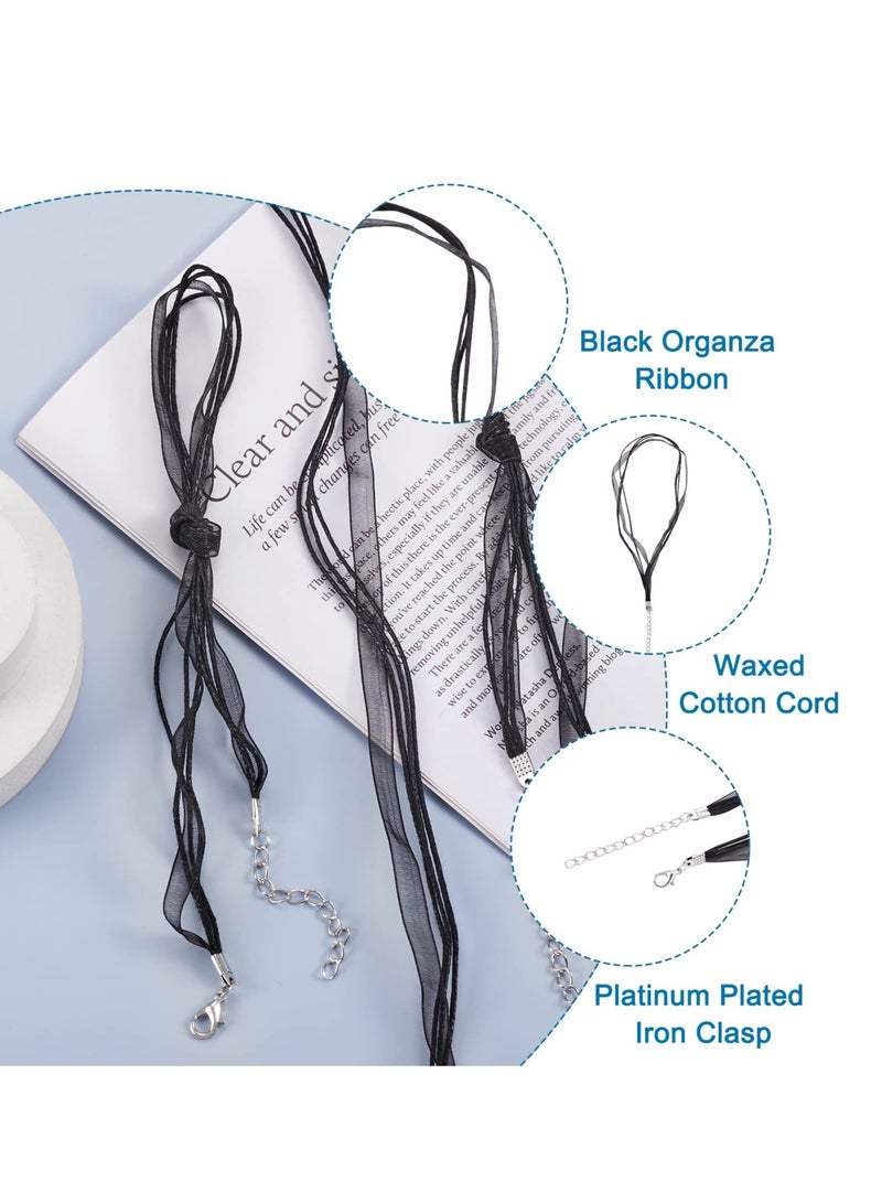 10 Pcs 17 Inch Black Organza Ribbon Necklace Cord for Jewelry Making with Silver Lobster Clasp and Extender Chain - Image 2