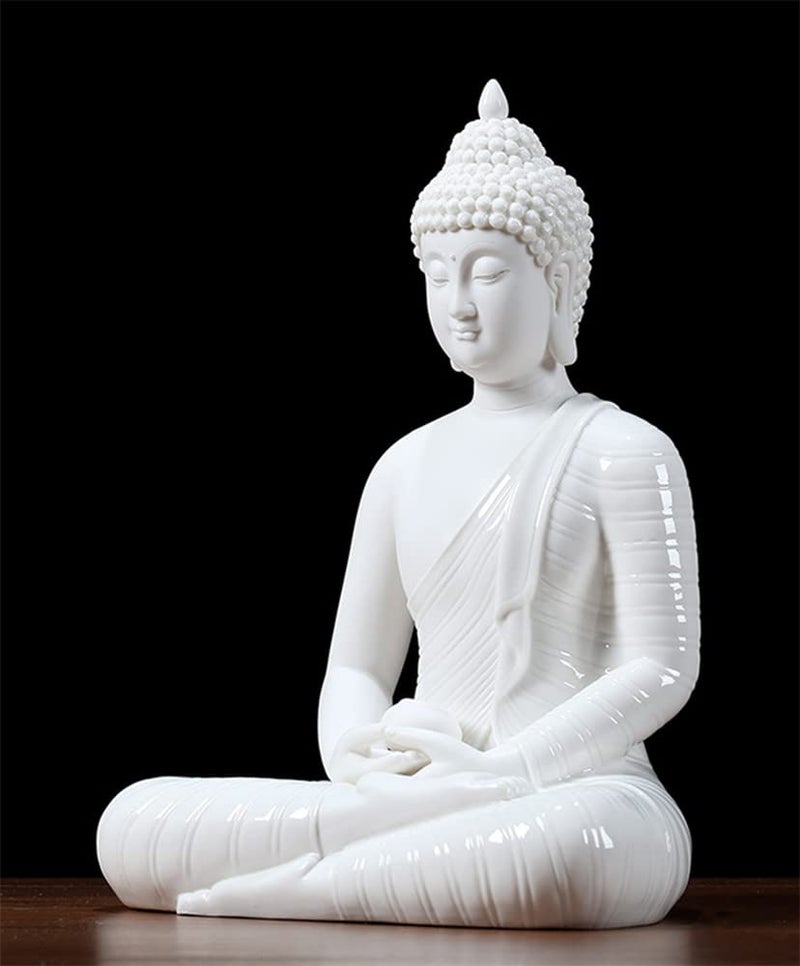 Houlu 12 inch Ceramic Buddha Statues for Home Decor, Small Buddha Decoration Statue Indoor Outdoor - White - Image 3