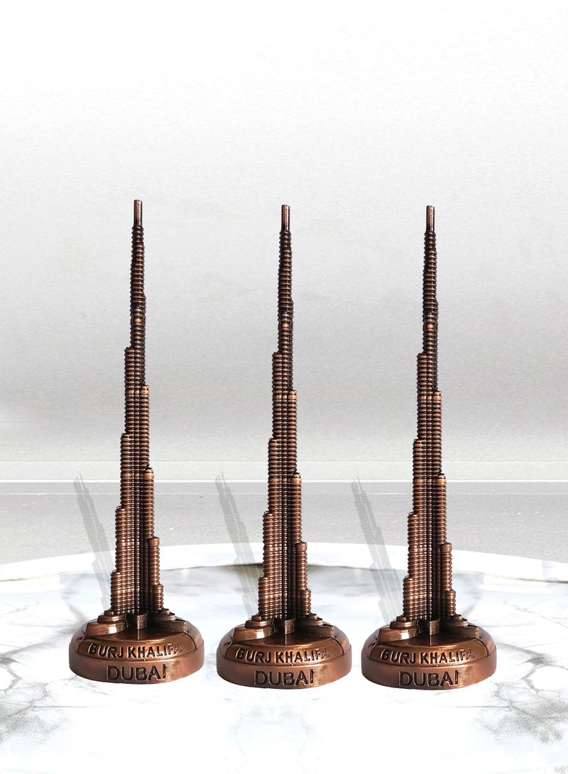Souvenir Souq Dubai Landmark Burj Khalifa Metal Statue 3pcs – Premium Copper Finish - Image 1