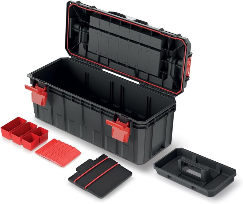 Tool Box with Tool Carrier, Dividers, Ergonomic Handle, Clamp Clasps, Plastic, 65 x 28 x 28 cm