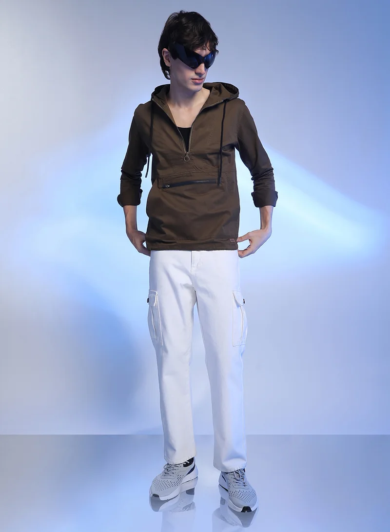 كامبوس سوترا Men's Brown Half-Zip Utility Jacket With Contrast Drawstring