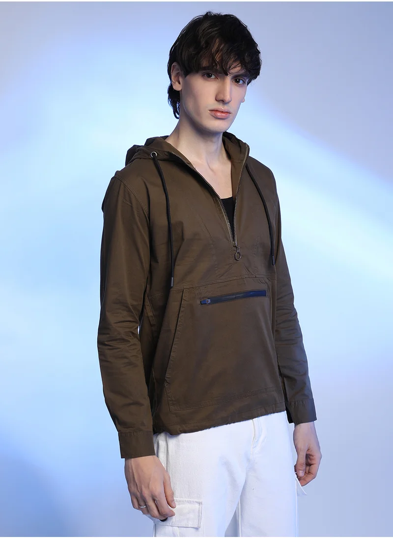 Campus Sutra Men's Brown Half-Zip Utility Jacket With Contrast Drawstring