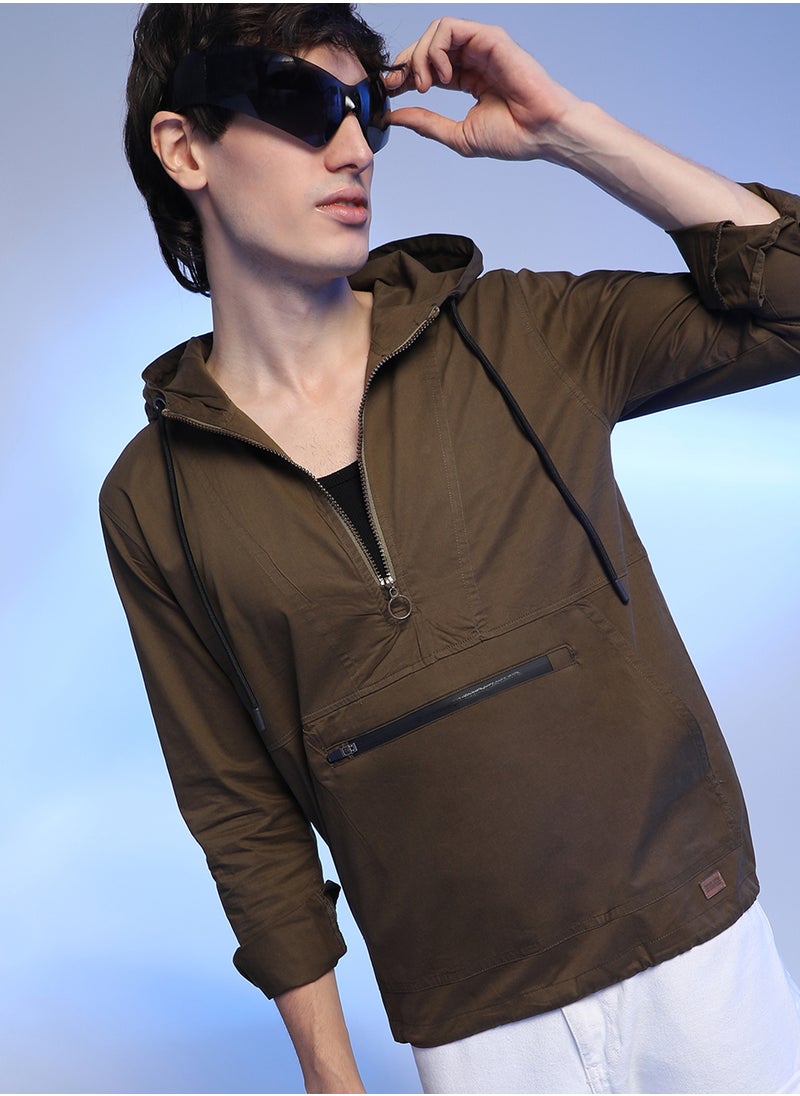 كامبوس سوترا Men's Brown Half-Zip Utility Jacket With Contrast Drawstring  - Image 1