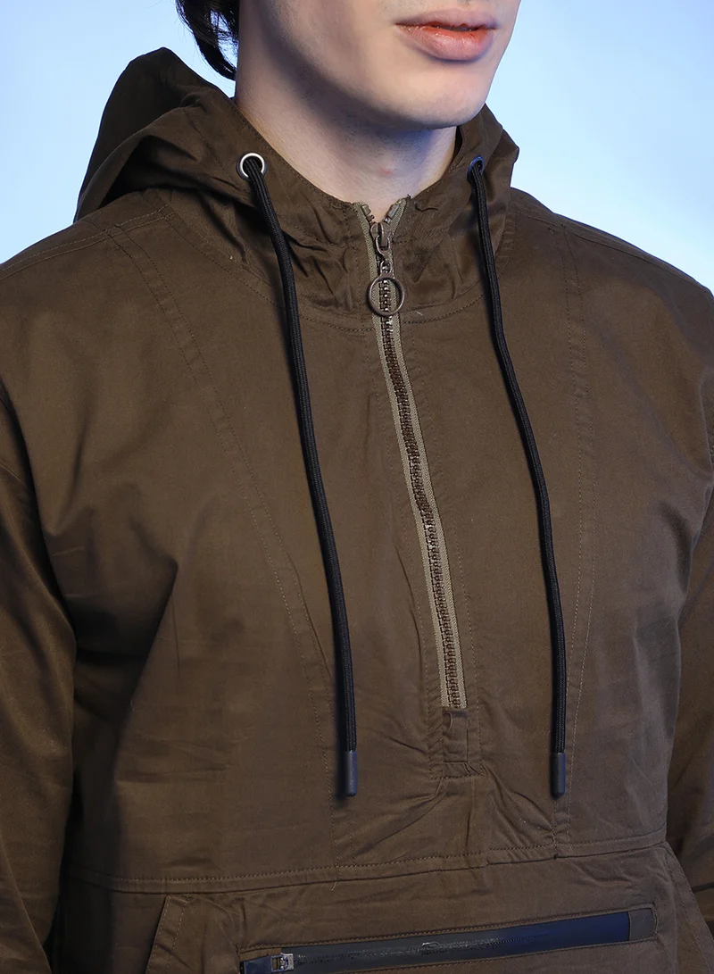 كامبوس سوترا Men's Brown Half-Zip Utility Jacket With Contrast Drawstring