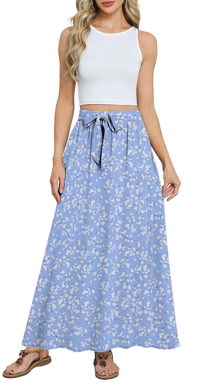 Askyes Womens Skirts 2024 Summer Fashion Trendy Work Tie Knot Flowy Swing Long Skirts with Pockets,Light Blue Floral,L - Image 3