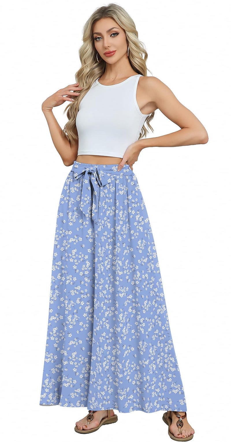 Askyes Womens Skirts 2024 Summer Fashion Trendy Work Tie Knot Flowy Swing Long Skirts with Pockets,Light Blue Floral,L - Image 4