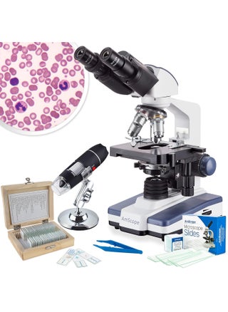 AmScope B120 Series Student  Professional Binocular Compound Microscope  40X2500X Magnification  Includes 3D Stage Tweezers 25Piece Prepared Slides Set  Handheld MultiUSB Digital Microscope - pzsku/Z17322953FF804F1E9F6DZ/45/1747233686/205fc456-7dbc-4eda-8f02-c2c6d62ad42d