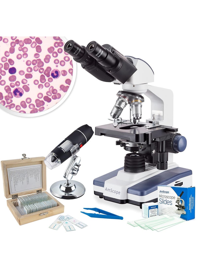 AmScope AmScope B120 Series Student  Professional Binocular Compound Microscope  40X2500X Magnification  Includes 3D Stage Tweezers 25Piece Prepared Slides Set  Handheld MultiUSB Digital Microscope  - Image 1