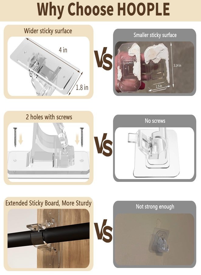 Hoople 6 PC No Drill Curtain Rod Brackets - Large Self Adhesive Curtain Rod Holder Hooks with Screws, 2 Install Methods, Nail Free Curtain Rod Hangers, Multipurpose Adhesive Hooks for Bathroom Bedroom - Image 4