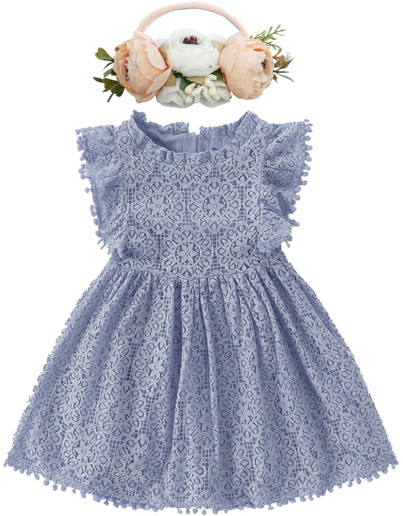 BGFKS Baby Girl Tutu Dress Elegant Lace Pom Pom Flutter Sleeve with Flower Headband Set - Image 1