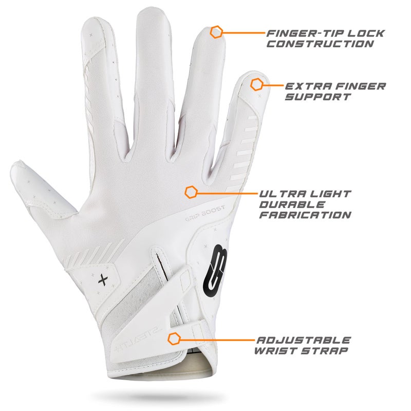 Grip Boost Football Gloves - Solid Stealth 6.0 Boost Plus Sticky Technology - Adult and Youth Football Gloves for Wide Receiver - Men's and Boys Sizes (Solid White, Large) - Image 4