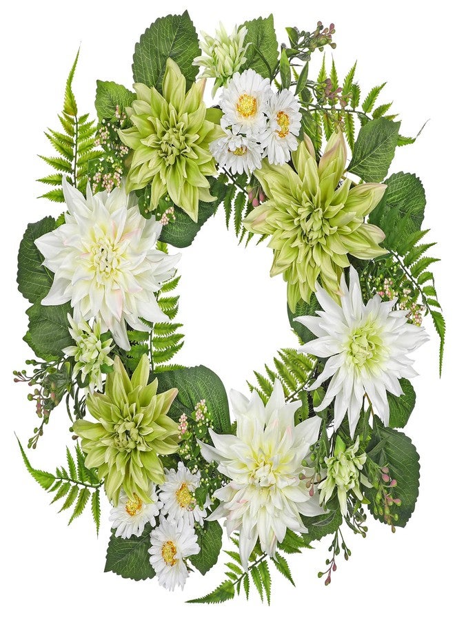 Briful 20in Artificial Dahlia Flower Wreath for Front Door Large Silk Dahlia Daisy Floral Wreath Fake Hanging Greenery Wreaths for Spring Summer Home Wall Window Mantle Outdoor Porch Décor - Image 1