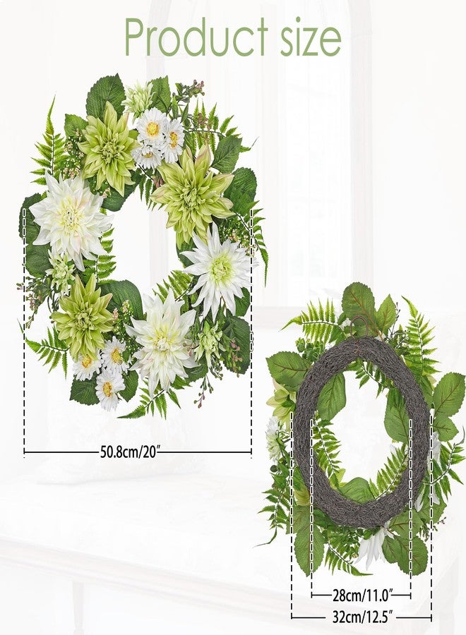 Briful 20in Artificial Dahlia Flower Wreath for Front Door Large Silk Dahlia Daisy Floral Wreath Fake Hanging Greenery Wreaths for Spring Summer Home Wall Window Mantle Outdoor Porch Décor - Image 2