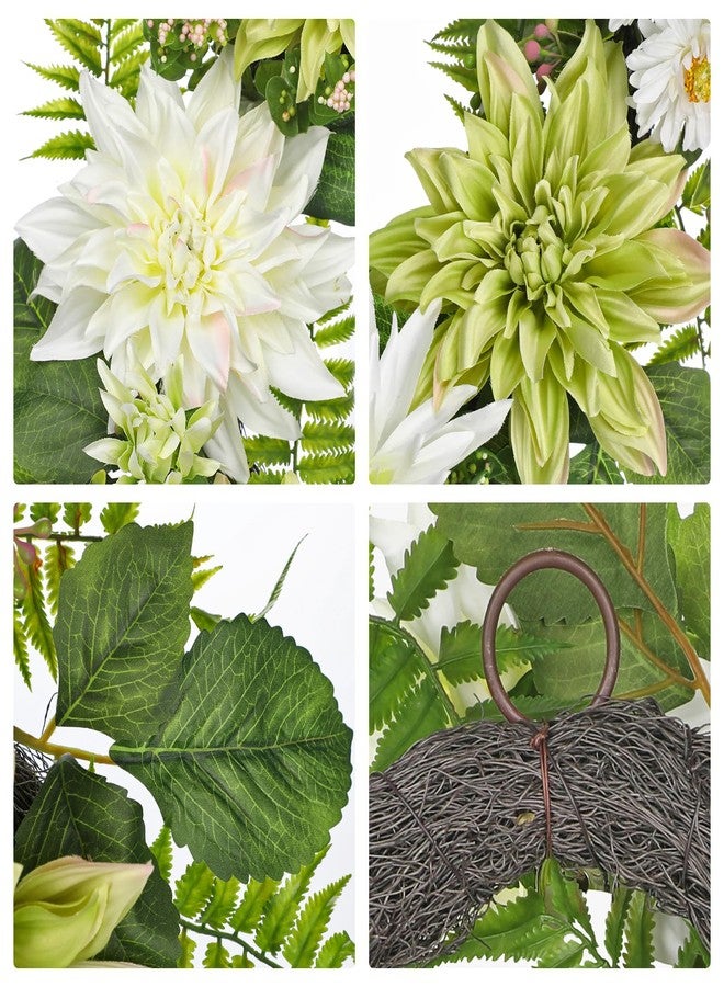 Briful 20in Artificial Dahlia Flower Wreath for Front Door Large Silk Dahlia Daisy Floral Wreath Fake Hanging Greenery Wreaths for Spring Summer Home Wall Window Mantle Outdoor Porch Décor - Image 3