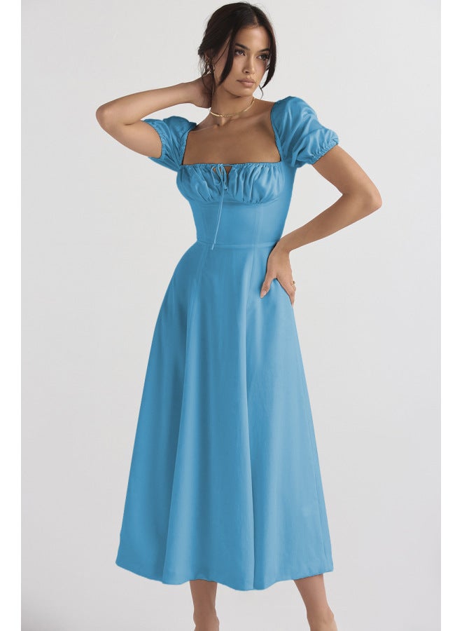 New فستان طويل بأكمام منتفخة مزخرف بطبعة زهور مع فتحة عالية، فستان صيفي للنساء - Image 1