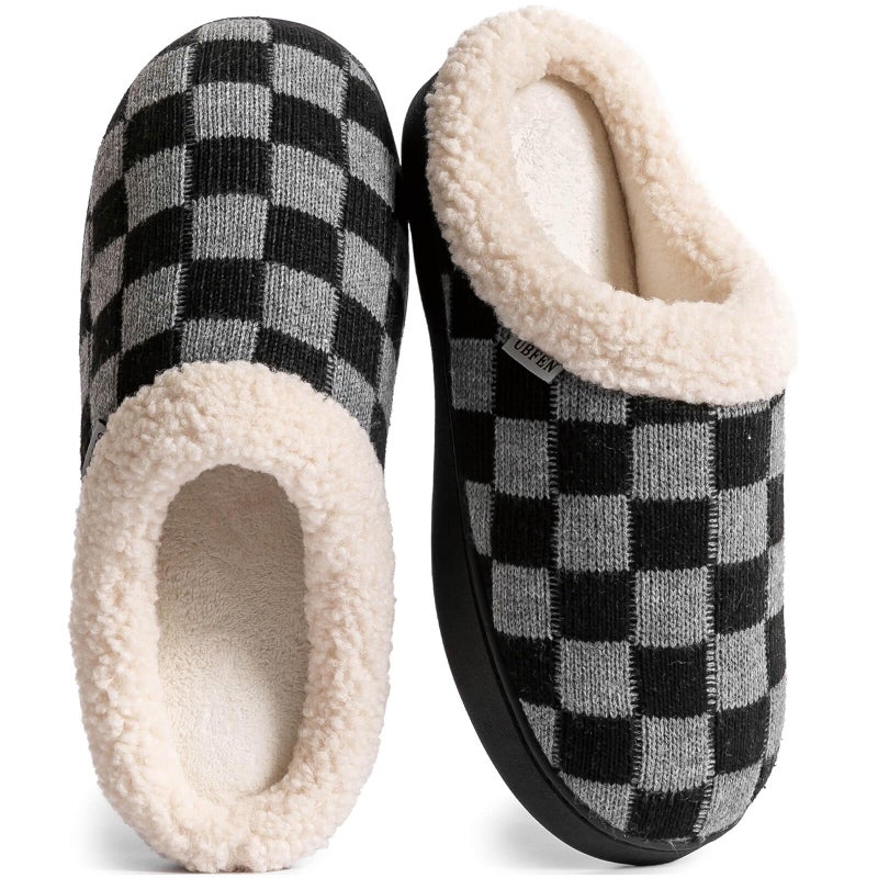 UBFEN Mens Womens Slippers Classic Plaid Winter Warm with Memory Foam Fluffy House Shoes Platform Indoor Bedroom A Black Grey 11-12 Women/9-10 Men - Image 1