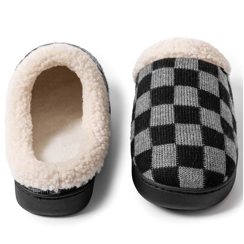 UBFEN Mens Womens Slippers Classic Plaid Winter Warm with Memory Foam Fluffy House Shoes Platform Indoor Bedroom A Black Grey 11-12 Women/9-10 Men - Image 2