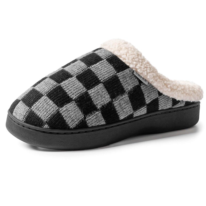 UBFEN Mens Womens Slippers Classic Plaid Winter Warm with Memory Foam Fluffy House Shoes Platform Indoor Bedroom A Black Grey 11-12 Women/9-10 Men - Image 3