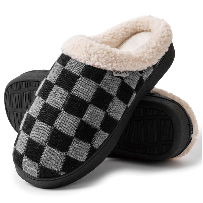 UBFEN Mens Womens Slippers Classic Plaid Winter Warm with Memory Foam Fluffy House Shoes Platform Indoor Bedroom A Black Grey 11-12 Women/9-10 Men - Image 4