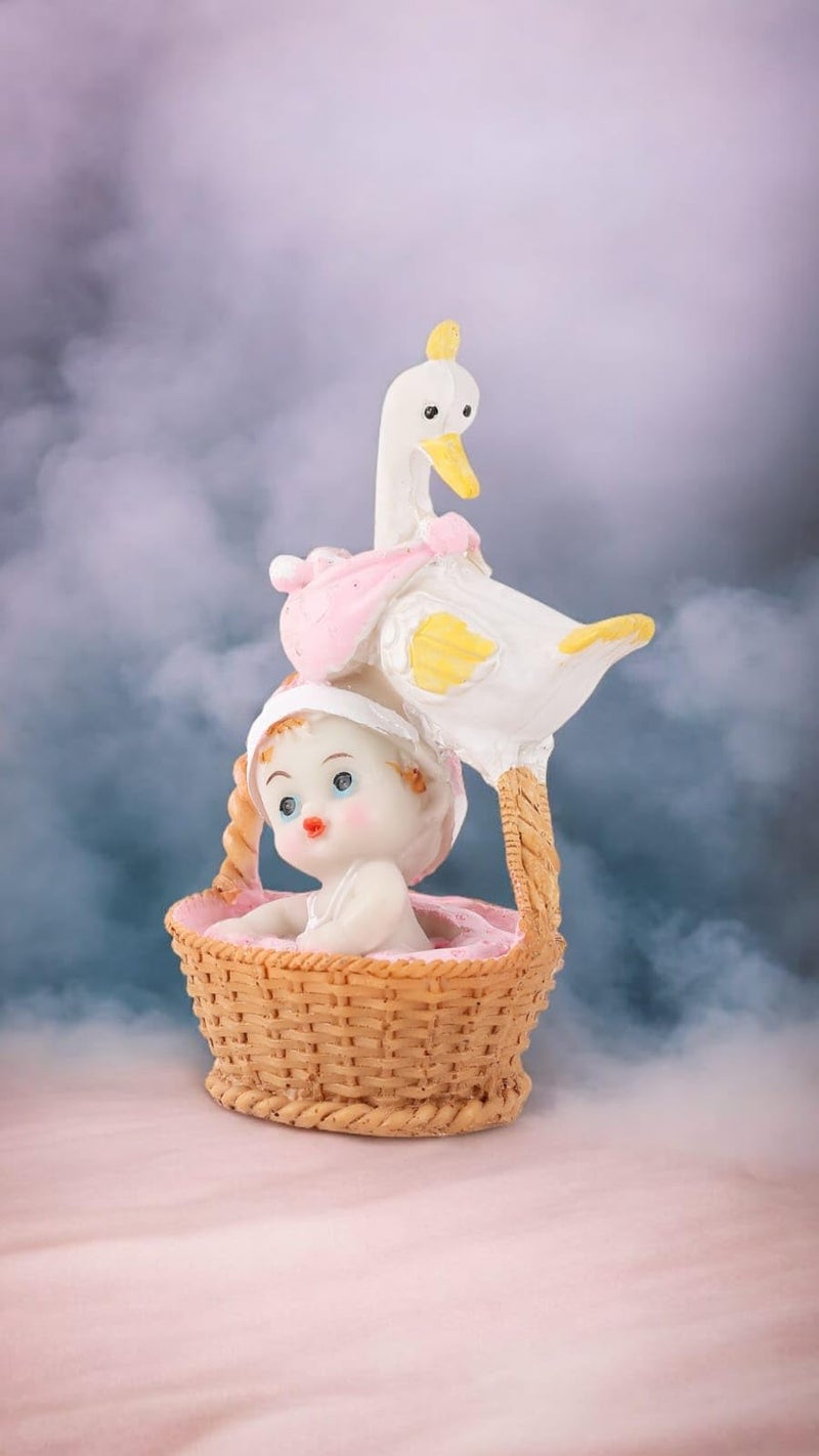 Chocozone New Born Girl Showpiece Announcement Signs Basket Decorations for 1st Birthday Shower Cake Toppers (Duck Carrying Baby) (Pink) - Image 2