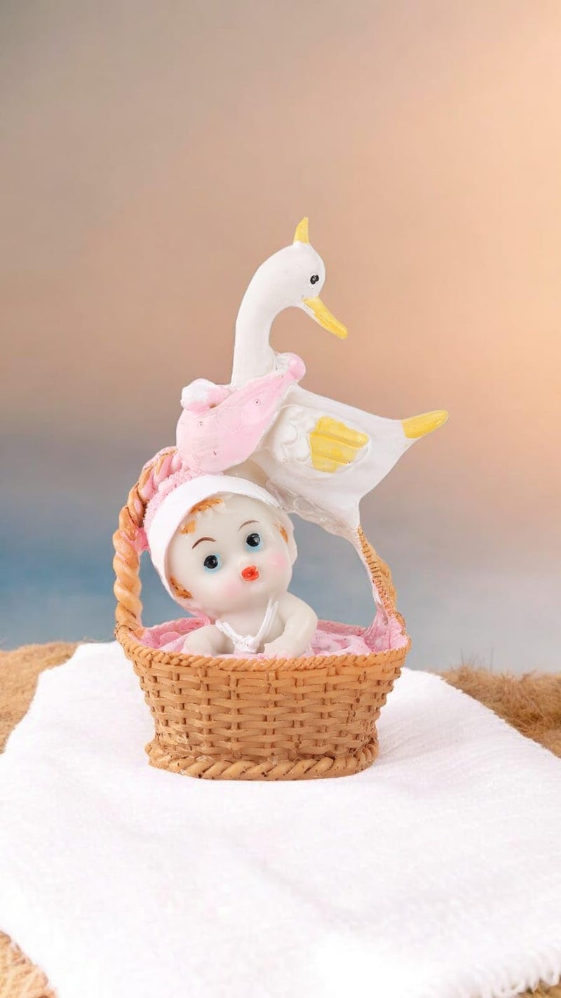 Chocozone New Born Girl Showpiece Announcement Signs Basket Decorations for 1st Birthday Shower Cake Toppers (Duck Carrying Baby) (Pink) - Image 3