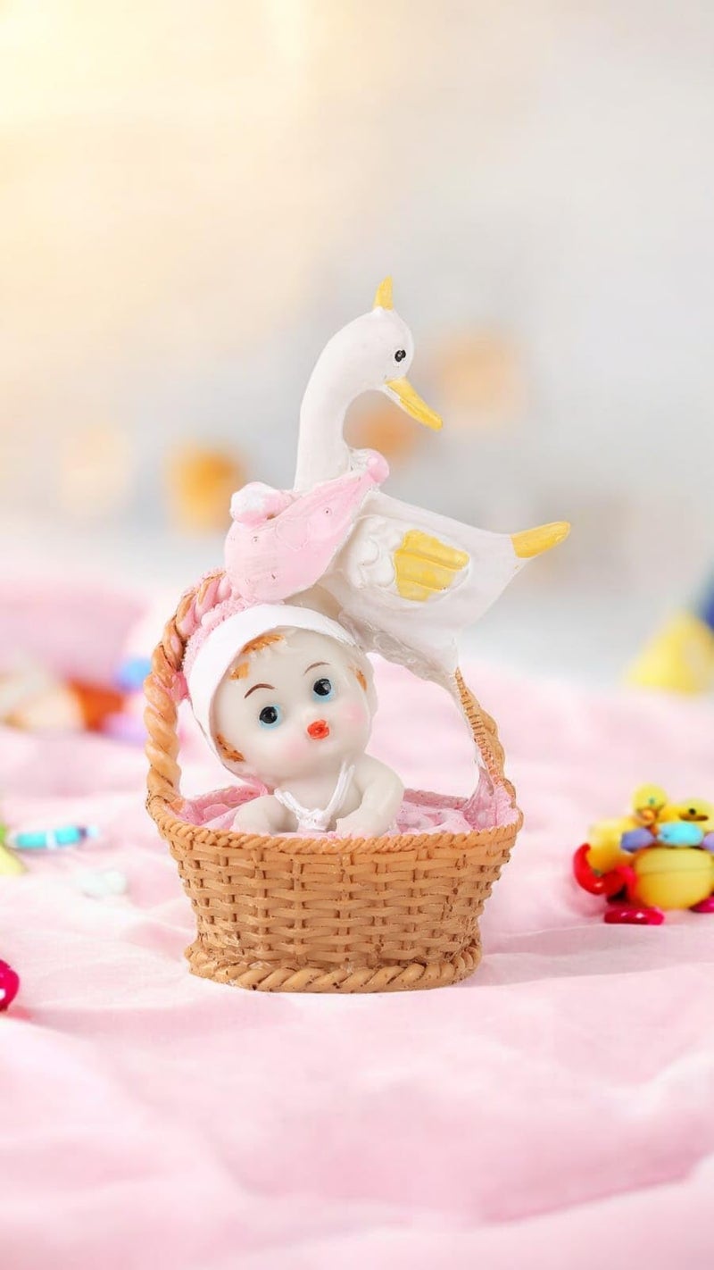 Chocozone New Born Girl Showpiece Announcement Signs Basket Decorations for 1st Birthday Shower Cake Toppers (Duck Carrying Baby) (Pink) - Image 1